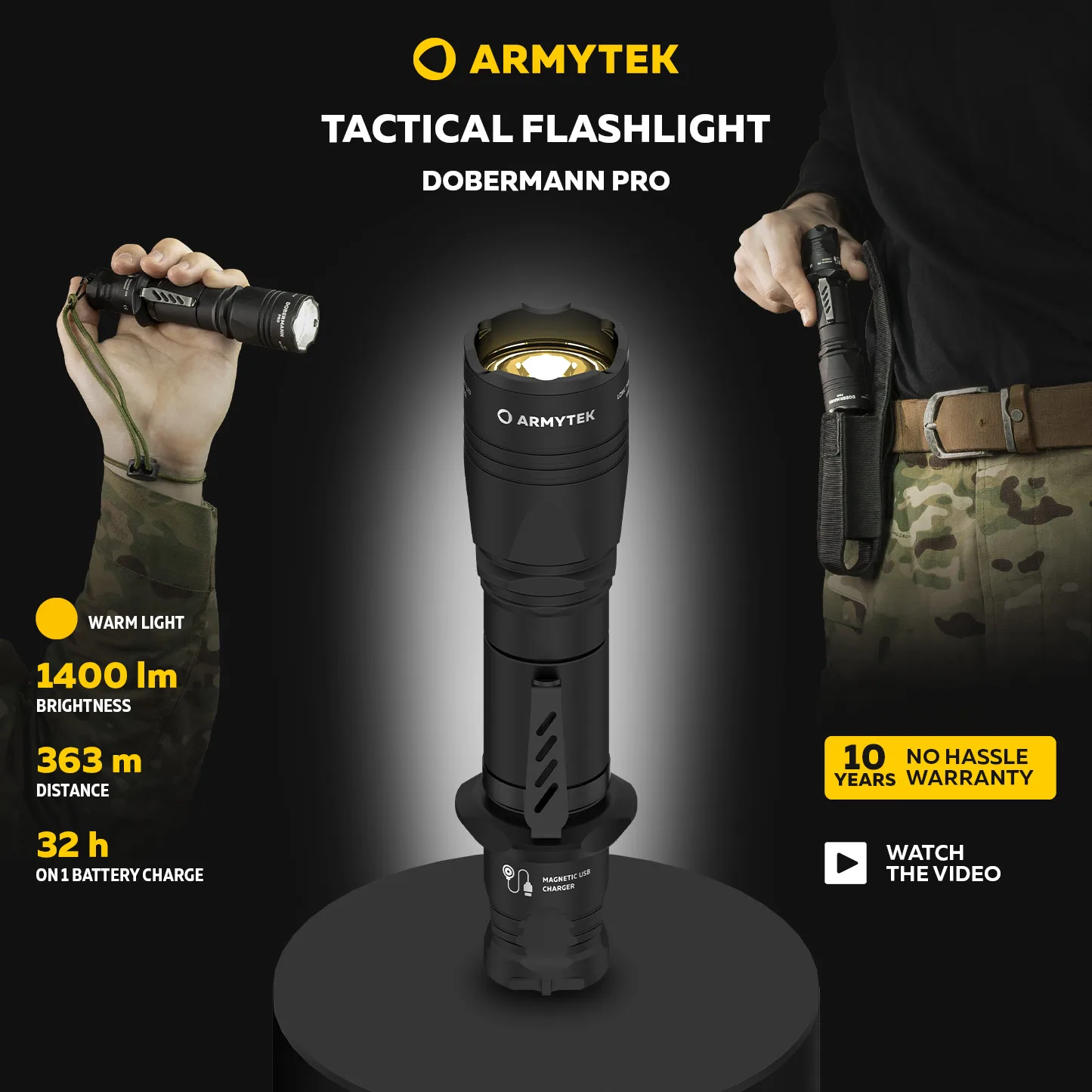 Linterna táctica Armytek Dobermann Pro Magnet, recargable por USB, largo alcance, F07501C, F07501W