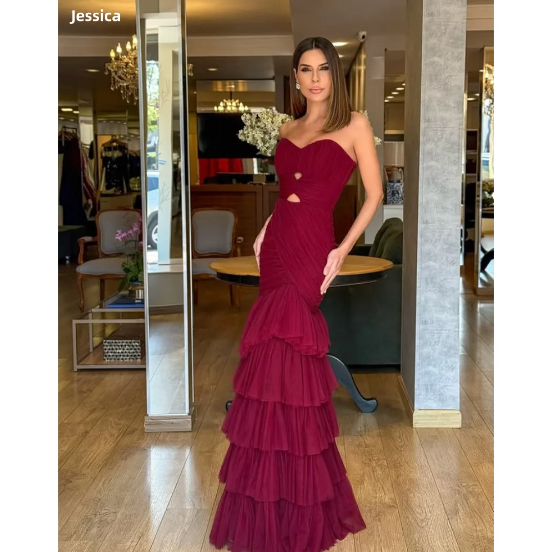 

Jessica Hollow Waist Evening Dresses Slim-fitting Pleated Tulle Multi-layer Prom Dresses Deep Red Vestidos De Gala Customized