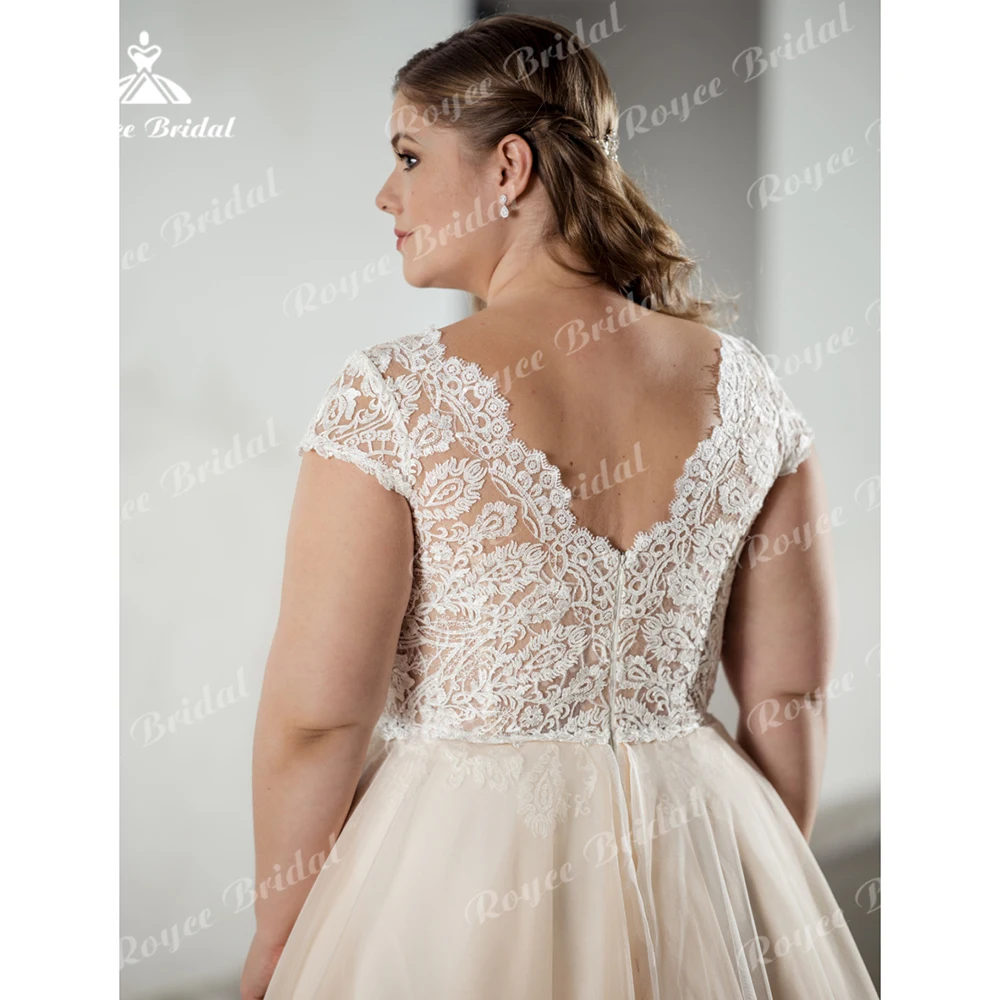 Boho V Neck Short Cap Sleeve Lace Top Plus Size Netting A Line Wedding Dress Bridal Gowns Sweep Robe De Mariée Vestidos De Novia