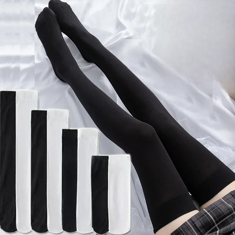 Chaussettes longues Sexy pour femmes, 4 tailles, couleur unie, noir et blanc, au-dessus du genou, cuisses hautes, bas Lolita pour dames et filles
