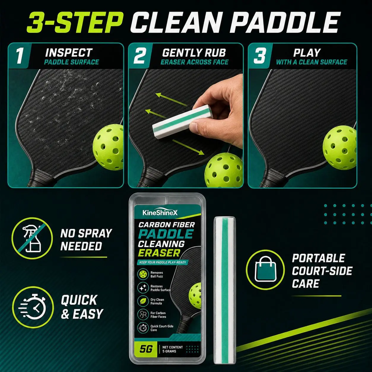 Carbon Fiber Pickleball Paddle Cleaning Eraser, Dry Cleaner for Ball Fuzz and Residue, Portable Paddle Surface Care Tool 5G Tool