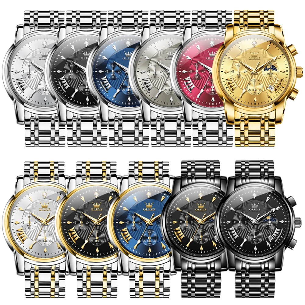 OLEVS 2892, мужские кварцевые часы, роскошные водонепроницаемые светящиеся хронографы, классические деловые часы с фазой Луны, Рождественский подарок