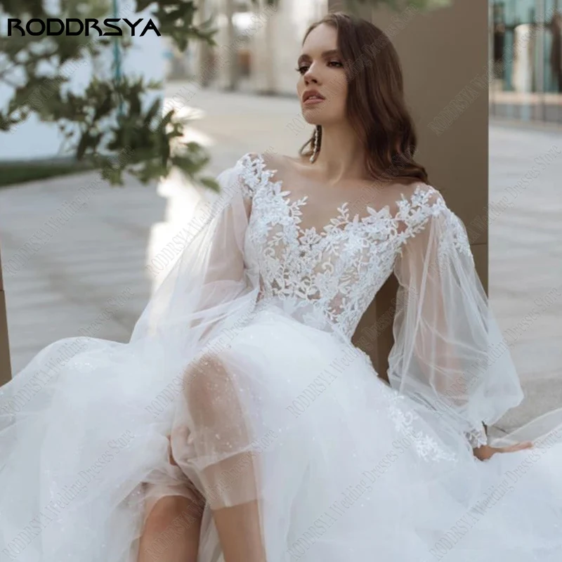 RODDRSYA maniche lunghe a sbuffo abiti da sposa principessa per la sposa o-collo Applique abito da sposa in pizzo Robe De Mariée Bohème su misura