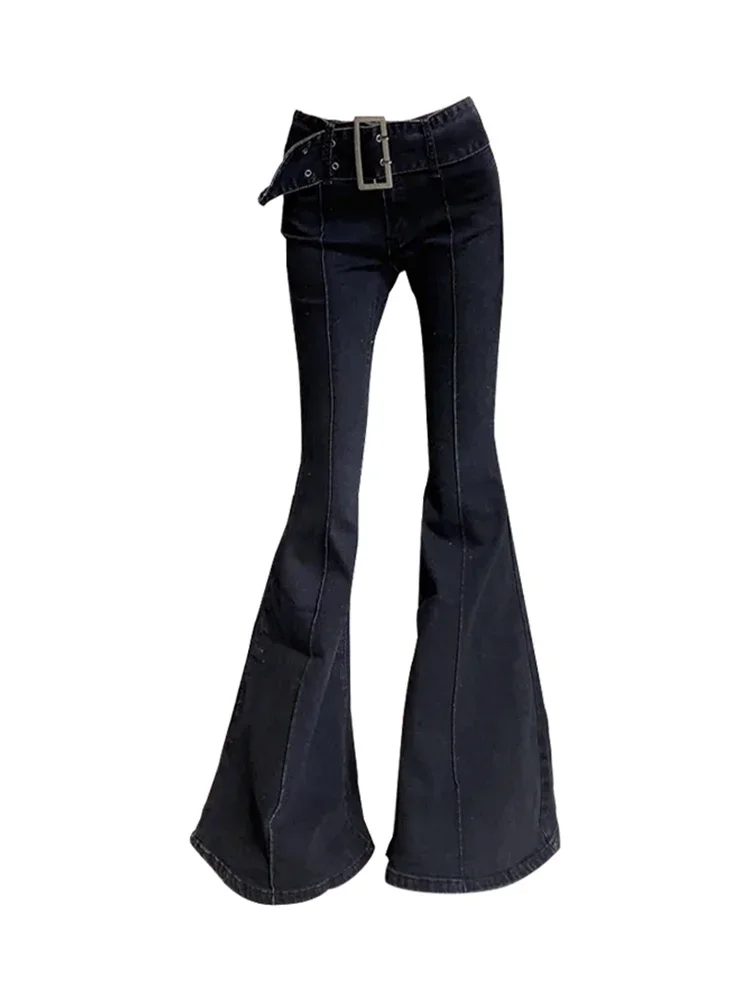 American Retro Flare Jeans Low Waist E-girl Slim Bandage Bottoms Women Fashion Black Cotton Denim Pant Trousers Y2K High Street — zdjęcie 2