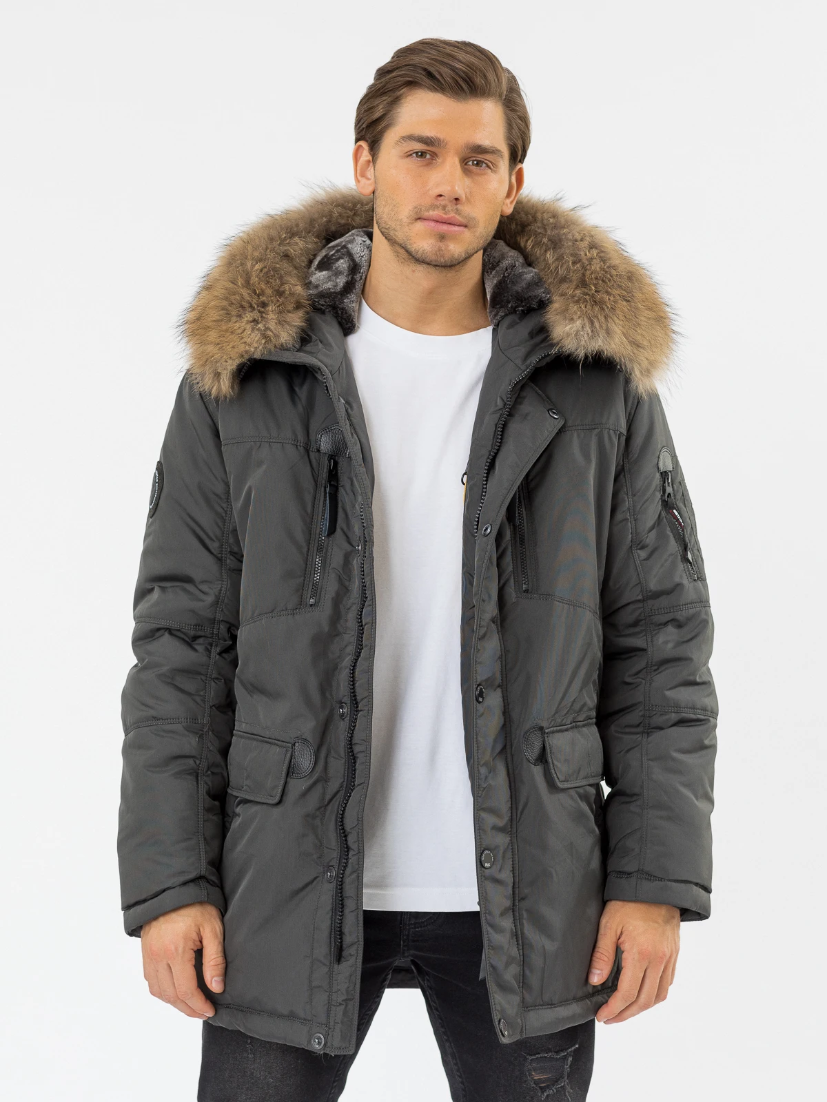 Nortfolk winter jacket men thick warm parka with removable natural fur trim on the hood and knitted cuffs