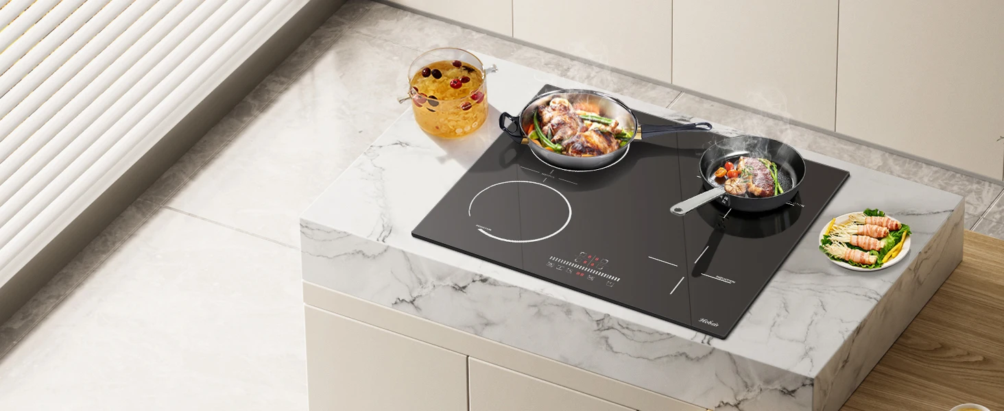 Hobir Induktionskochfeld mit Stecker, Kochfeld 4 Platten, 60 cm Induktionskochfeld, 3500 W, integriertes Kochfeld mit Flexzone, Kindersicherung – Detail 1