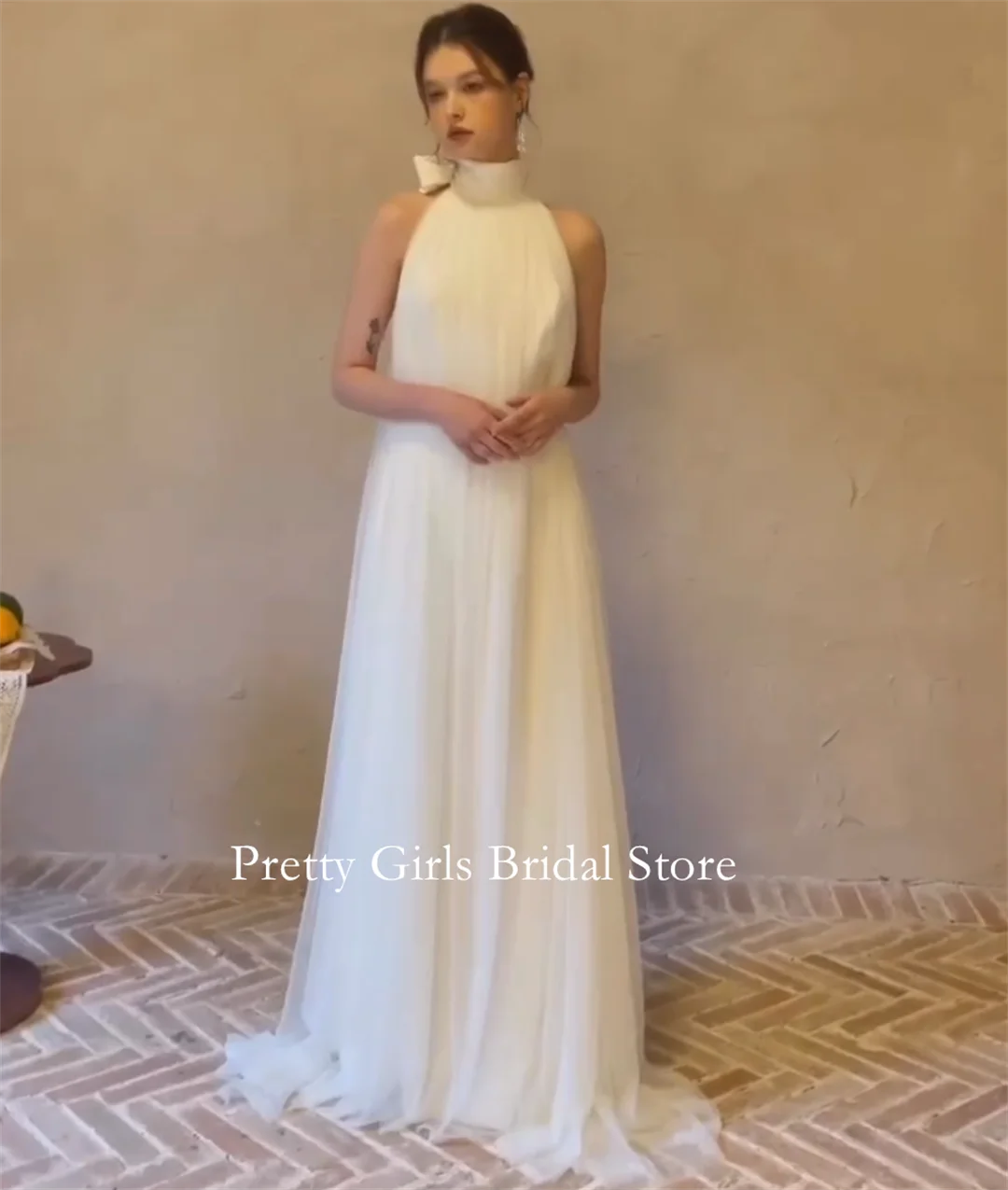 

OEING Korea Style High Neck Garden Beach Tulle Backless Wedding Dresses 프롬드레스 Puff Sleeves Elegant Bride Growns Party Women