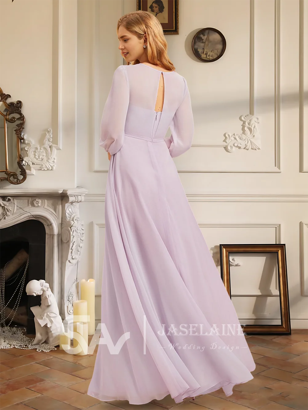 WMI Luxury A-Line Chiffon Bridesmaid Dresses Floor-Length Scoop Long Sleeve Bow 2026 Wedding Party Evening Guest Dress Women