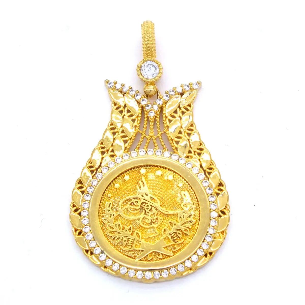 Gold Plated Women's Pendant Chain Tugra Drop Pattern Zircon Stone Round New Fashion Turkish Tradition Wedding Engagement Gift