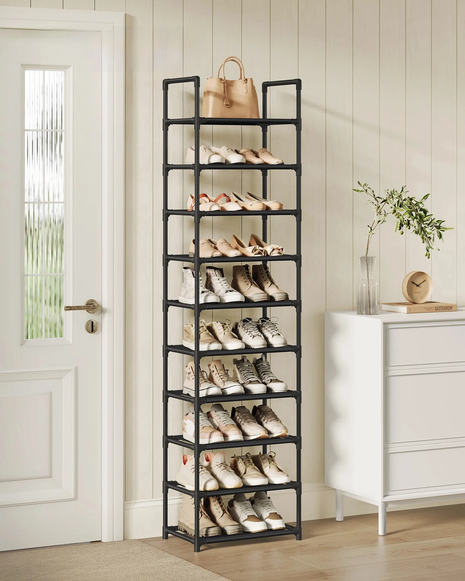 SONGMICS schoenenrek 10 niveaus schoenenplank schoenenopberger smal 28x45x173 cm metalen frame niet-geweven stoffen planken - afbeelding 2