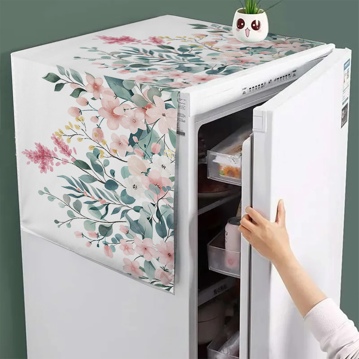 Green Pink Floral Flowers Design Refrigerator Dust Cover Washable Printing Washing Machine Cabinet Dust Protection Cover