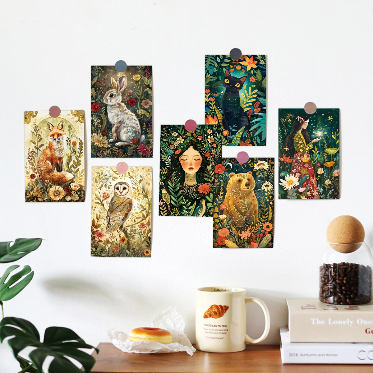 12 Uds. Postales de animales del bosque de medianoche encantada, tarjetas de felicitación florales y de la fauna sin sobres, impresiones artísticas de pared para decoración del hogar