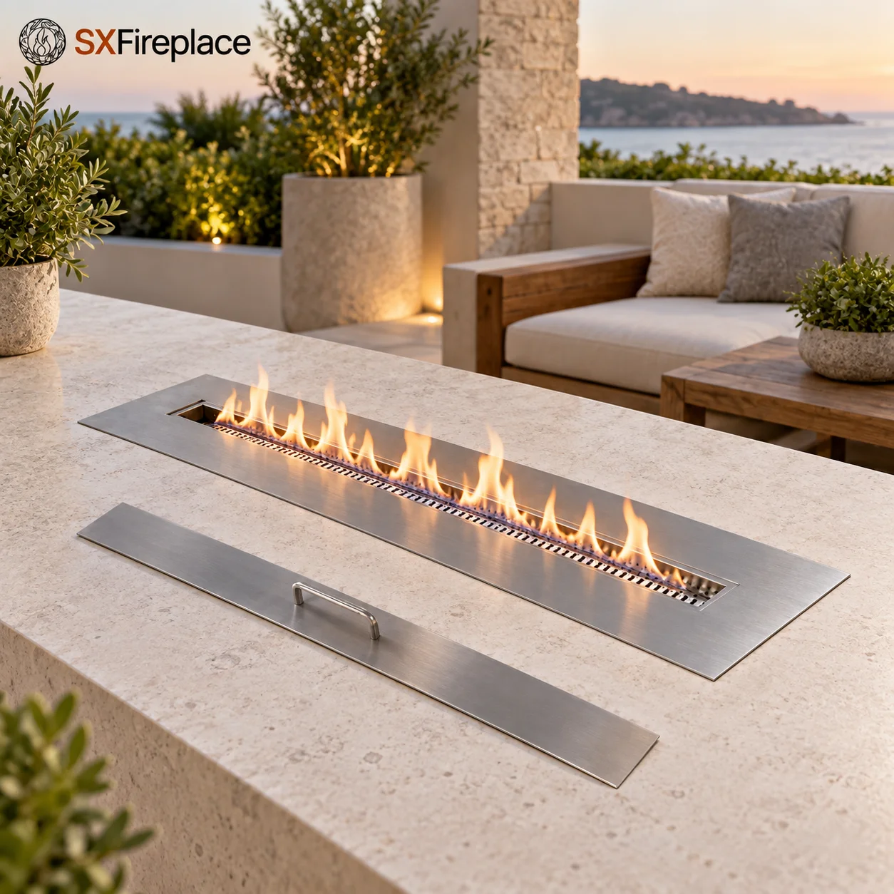 Modern Stainless Steel Recessed Linear Bioethanol Fireplace Burner Insert with Regulating Tool for Home Living Space