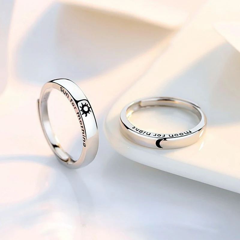 2Pcs Silver Color Sun Moon Couple Rings For Women Romantic Day Night Letter Ring Lover Engagement Banquet Jewelry Dating Gift