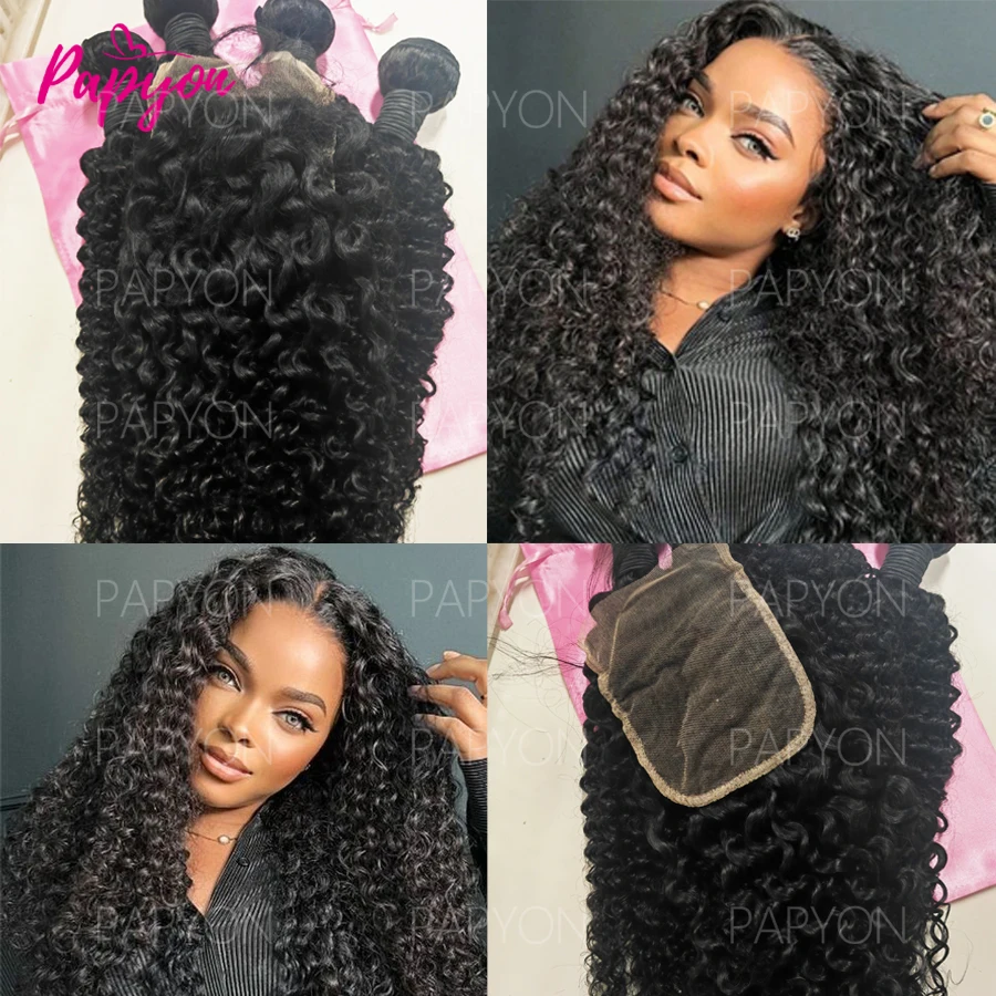 15A Lockige Deep Wave Echthaar-Bündel mit 4x4 Verschluss, Bundle-Angebote, 100% unbehandeltes Echthaar, burmesische Locken-Haarbündel und Verschluss PAPYON – Detail 5