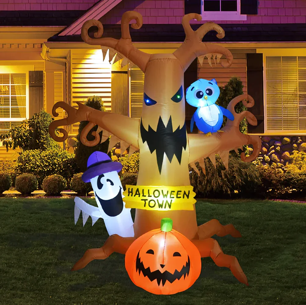 

Halloween Blow Up Inflatable Tree with White Ghost Pumpkin and Owl for Halloween Yard Outdoor Decoration