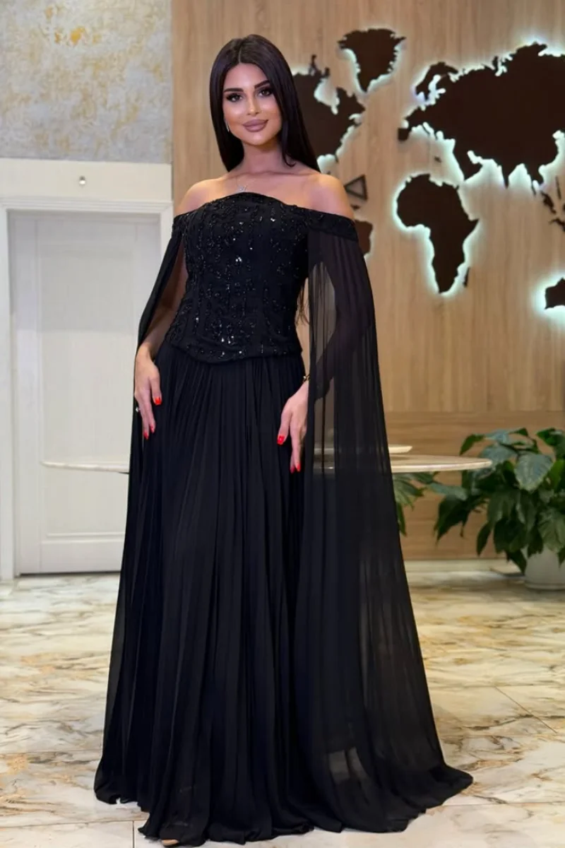 Jessica Glitter Beads Evening Dresses Black Chiffon Shawl Prom Dresses Elegant Off-the-shoulder A-line Party Dresses Customized