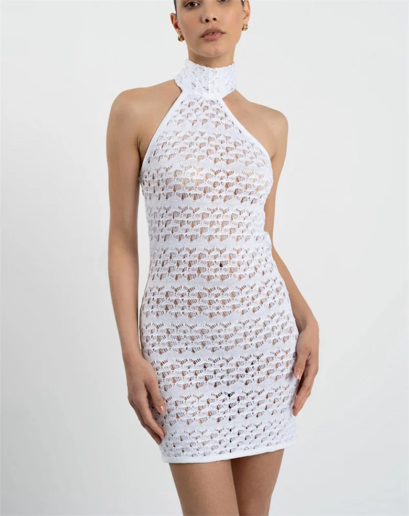 Damen Sexy Neckholder Rückenfreies Spitzenkleid mit Schnürung, Durchbrochenes Strickkleid, Boho Strand Transparentes Häkel-Bikini-Cover-Up, Sommer-Bademode