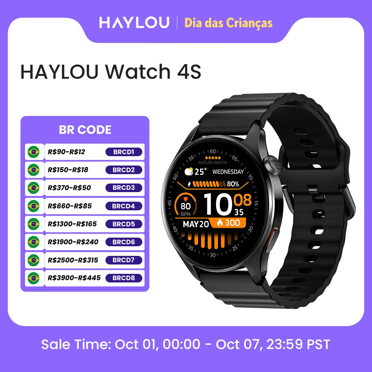 Relógio HAYLOU 4S GPS Smartwatch com Tela HD AMOLED de 1.43”, Posicionamento GPS por 5 Satélites, 120+ Modos de Treino, 