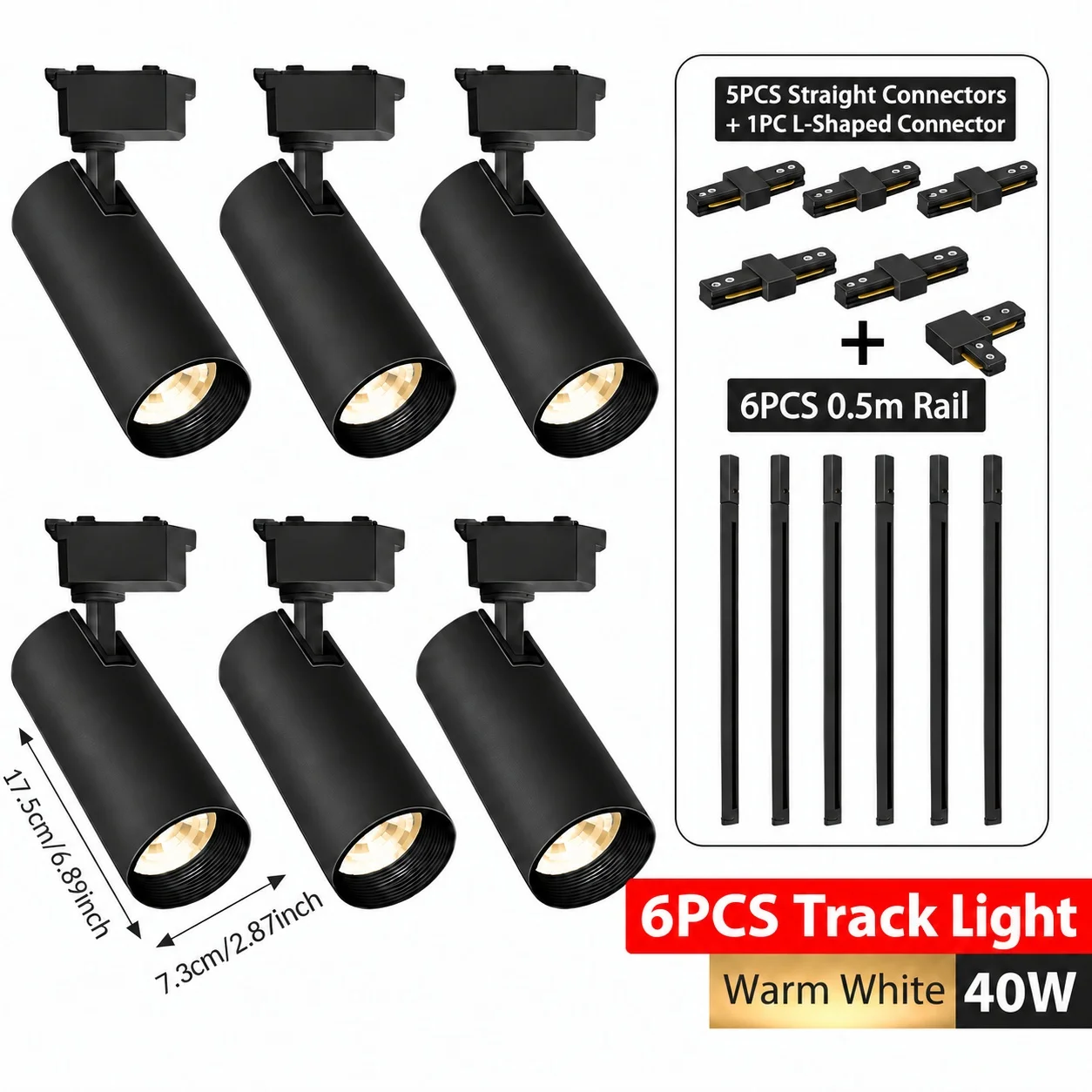 LED-spoorverlichtingsset, zwart, met 4 of 6 spots, inclusief 0,5 m lange rails en verbindingsstukken, 20W, 30W, 40W, plafondspoorverlichtingsset, 350. °   Verstelbaar