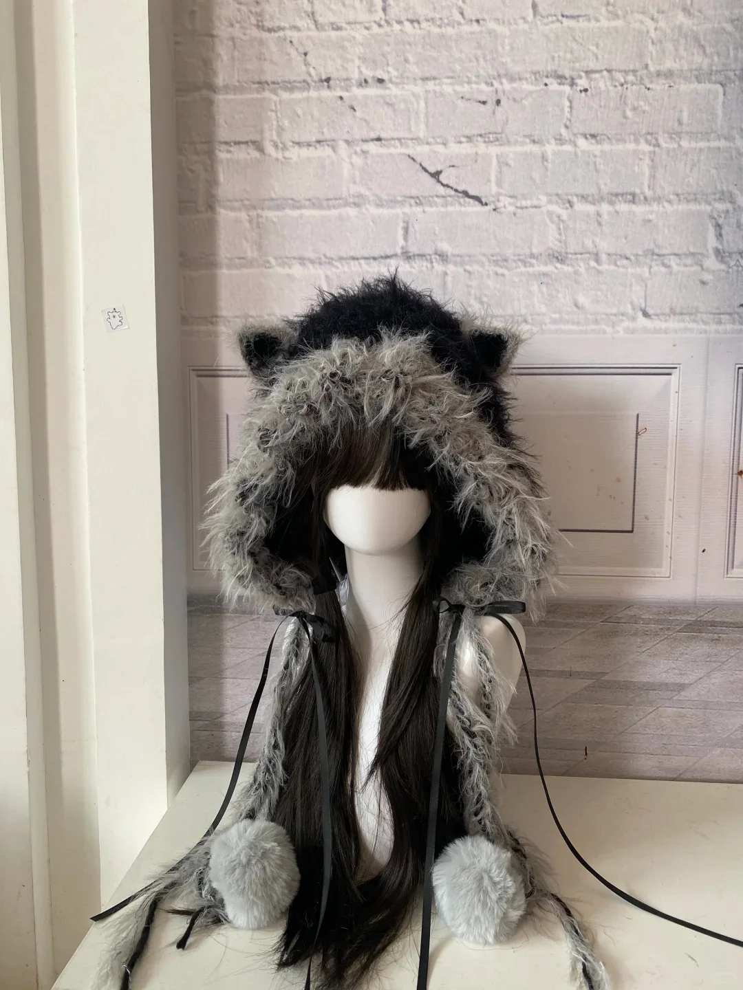 

Handmade Cat Ear Hood - Black Gray Cozy Playful Fashion Winter Halloween Hat Fuzzy Knitted Cat Ear Hood Kawaii Cosplay hat
