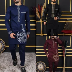 Conjunto de roupas abaya de manga comprida masculino, conjunto de calças e camisa, terno gola redonda, kaftan estilo étnico africano, novo, 2 peças, dashiki