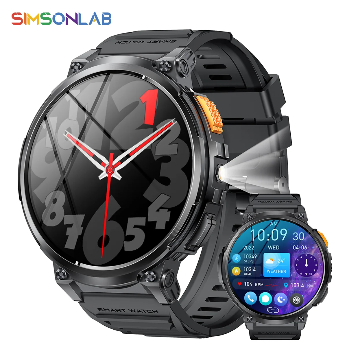 SIMSONLAB Smart Watch Outdoor Flashlight HD large Round Screen Long Battery Life Sports Sleep Blood Pressure Monitoring