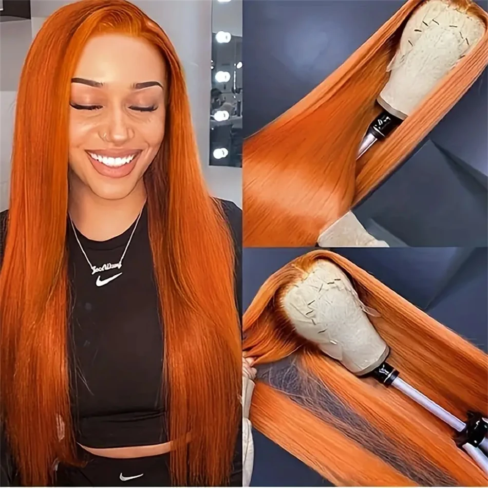 

Human Hair Straight Pre Plucked Wig Ginger Orange Brazilian Remy Hair Wig 100% Human Hair Wigs 13×4 Lace Front Wigs for Women