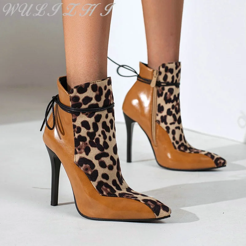 

Pointed Leopard Print Stiletto Heel Martin Boots Mixed Color Formal High Heel Side Zipper Straps Women Ankle Short Boots