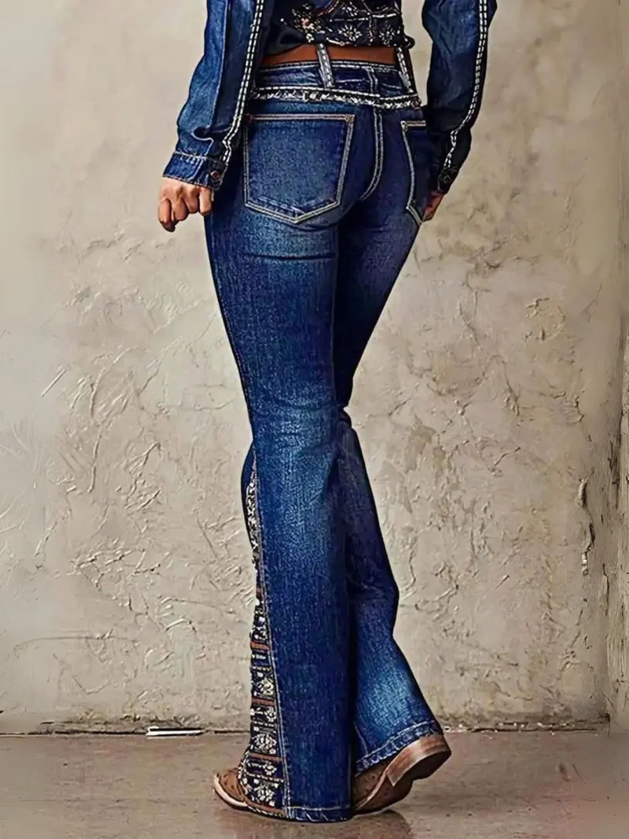 HME [Y2K جينز متوهج] جينز نسائي مطبوع بحاشية بيزلي، سروال فلورا أنيق مطبوع للنساء T04