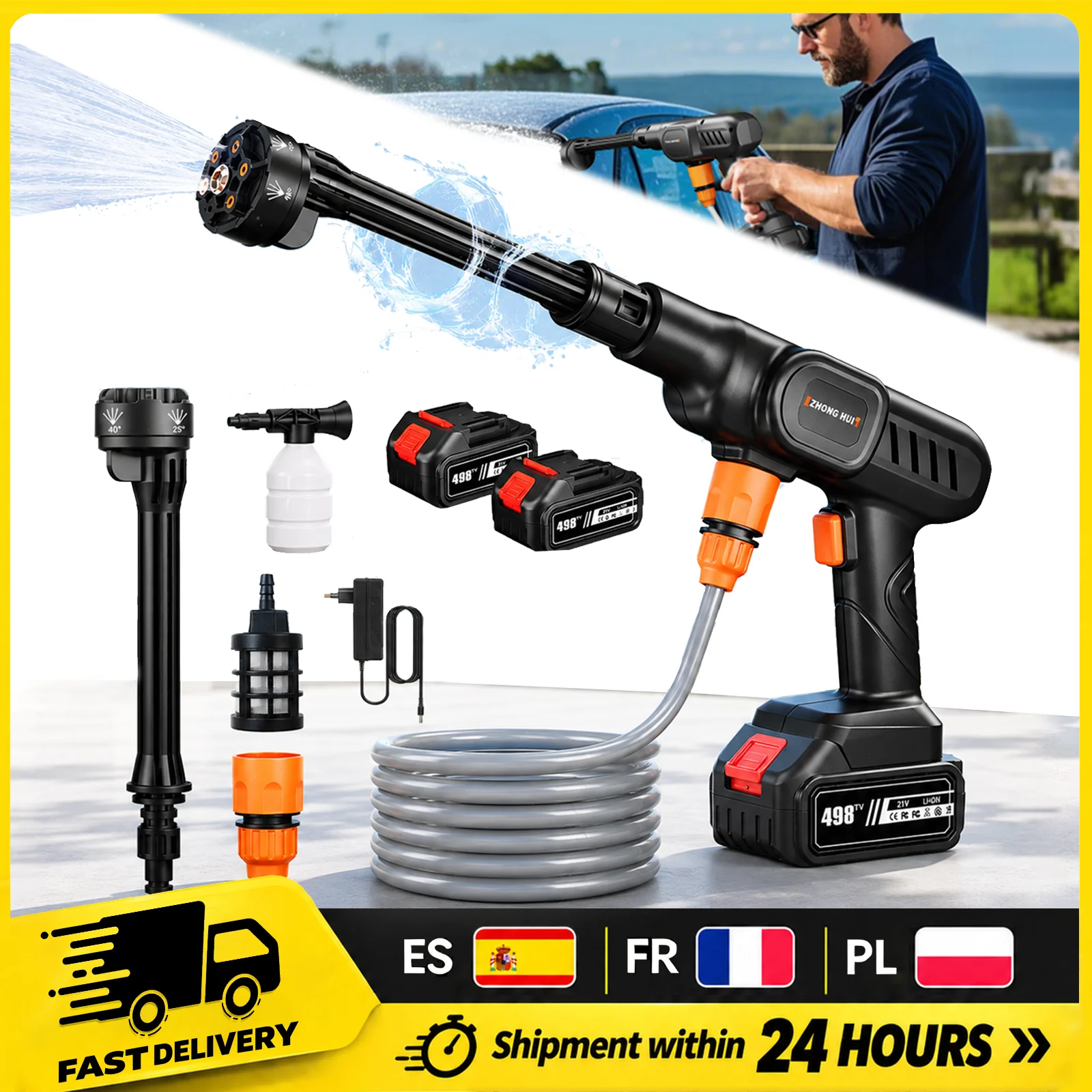 Idropulitrice Elettrica Senza Fili ad Alta Pressione 6 in 1 con Generatore di Schiuma, Pistola ad Acqua, Ugello Regolabile, Macchina per Lavaggio Auto e Pulizia Giardino, Compatibile con Batteria
