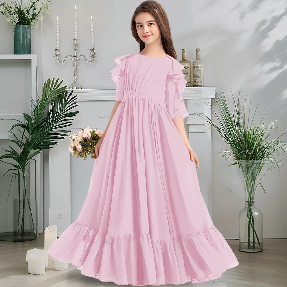 B Ruby A-Linie Kleid für junge Brautjungfern, Blumenmädchenkleid, Chiffon, U-Ausschnitt mit stilvollen Rüschen für Mädchen, besondere Anlässe