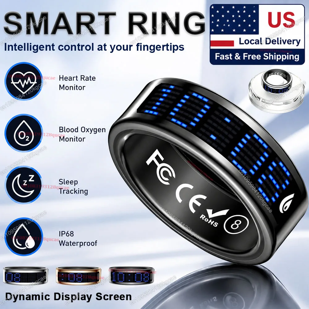 Local USA Smart Ring with LED Display Screen, Muslims Tasbeeh Zikr Counter Ring, Call Reminder Heart Rate Blood Oxygen Sleep Health Tracker Rings, IP68 Waterproof, Multi Sports Mode Fitness Tracking Ring for Men Women 2026 New