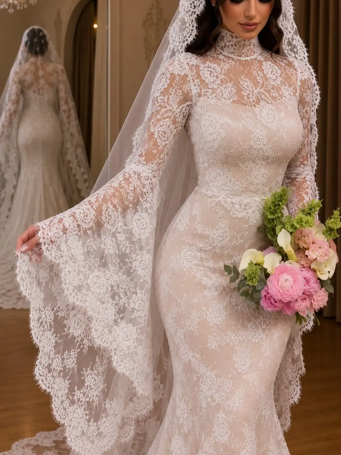 LumiGown 2026 Ivory High Neck Mermaid Wedding Gown Full Floral Lace Flare Long Sleeve Lace Edge Long Tulle Veil Wedding Gown