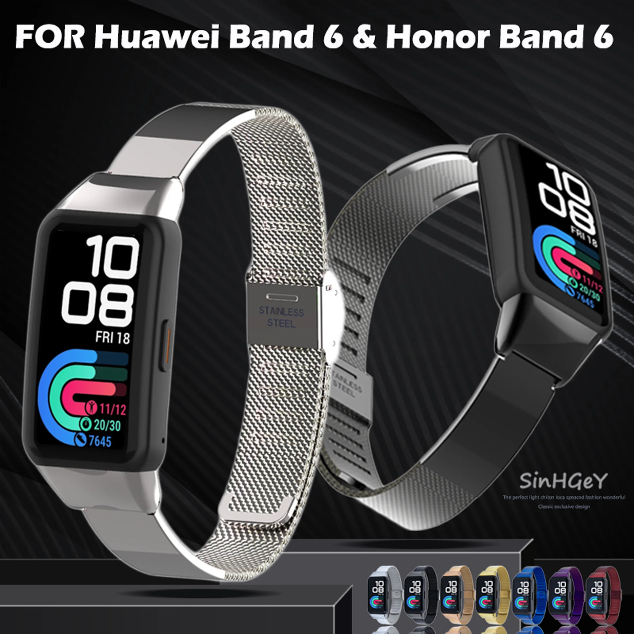 

SinHGeY For Huawei Band 6 Honor Band 6 Metal Buckle Strap stainless steel mesh Bracelet Replacement Wristband