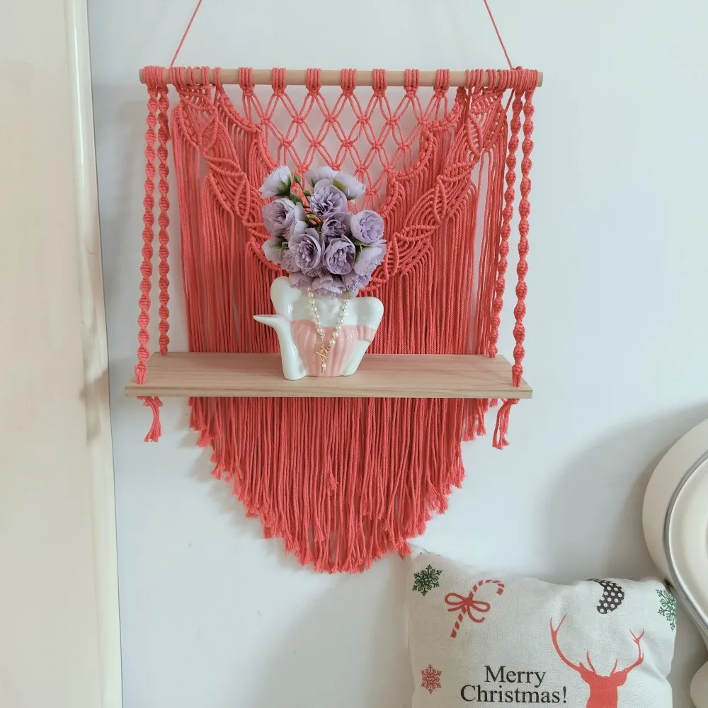 

Macrame Hanging Wood Shelf Large Floating Wall Shelves Handcrafted Arts Crafts Display Stand Boho Flower Pot Holder Plant Hanger