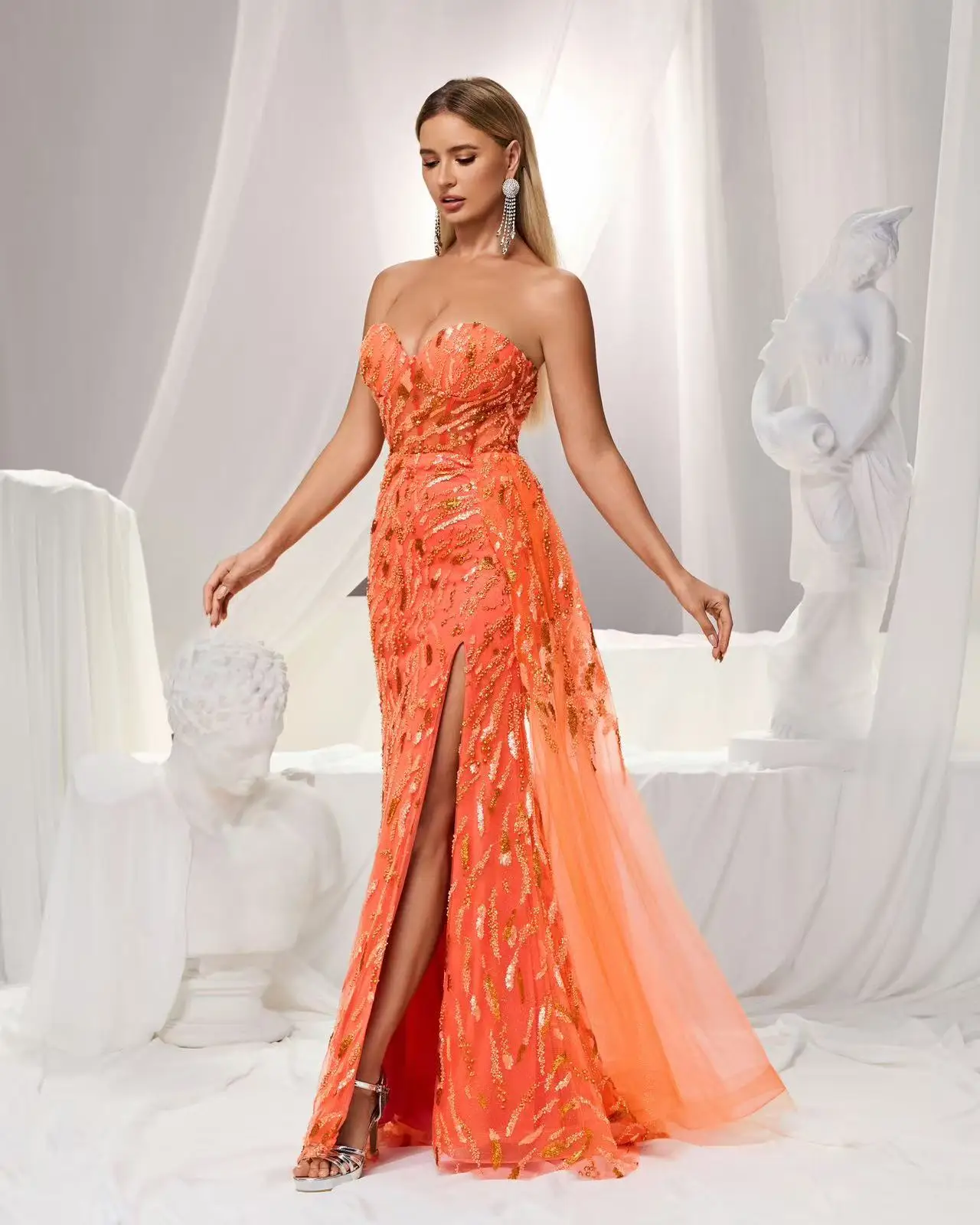 (SALE)Shalimar Zhang Orange Wanita A-Line Berlian Buatan Tangan Gaun Malam Tanpa Lengan Panjang Mewah untuk Wanita Pernikahan Disesuaikan