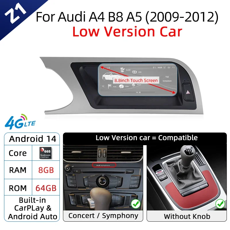 Android 14 Draadloze Carplay Autoradio voor Audi A4 B8 A5 2008-2017 GPS Autoradio IPS Touchscreen Multimedia Android Auto BT DSP