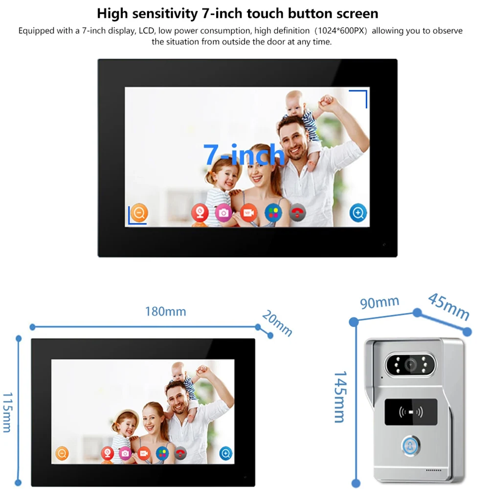 Tuya 1080P Wifi Video Doorbell 7in Color Touch Screen Doorphone Smart APP Home Intercom Kits RFID Access Control Villa Intercom