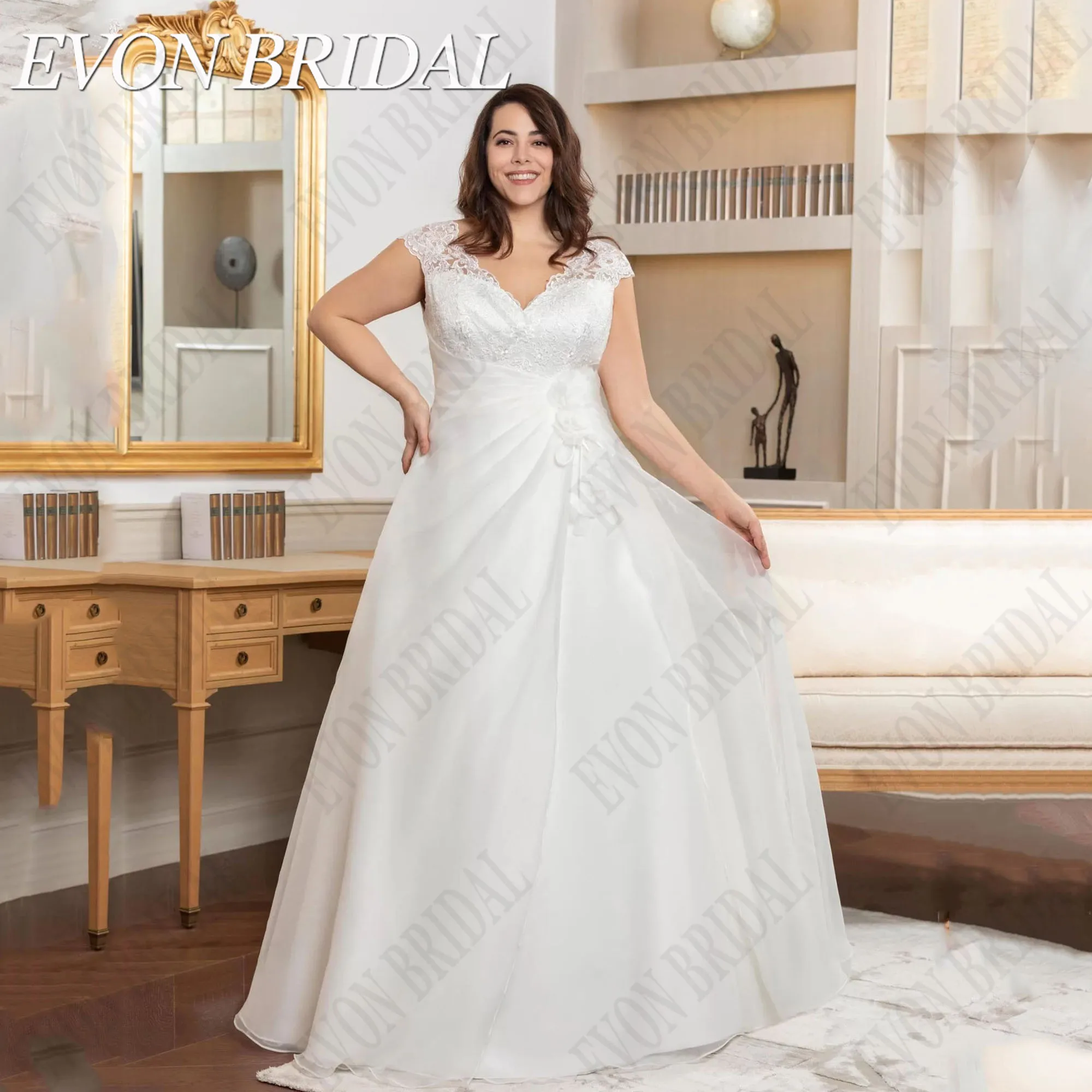 

EVON BRIDAL Chiffon Plus Size Wedding Dress Flowers A-Line robes de mariée grande taille Applique A-Line Bride Gowns Customized