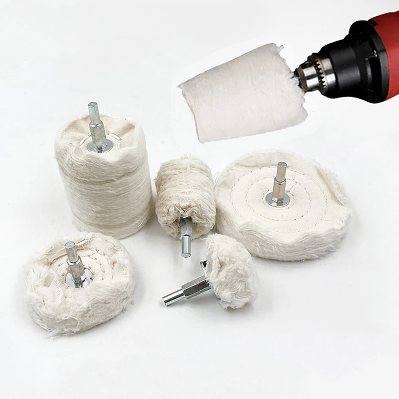 6mm Shank 40-100mm Mounted White Cloth Buffing Wheel Cotton Polishing Wheel 4-Type for Grinding Jewelry Wood Metal Abrasive Tool