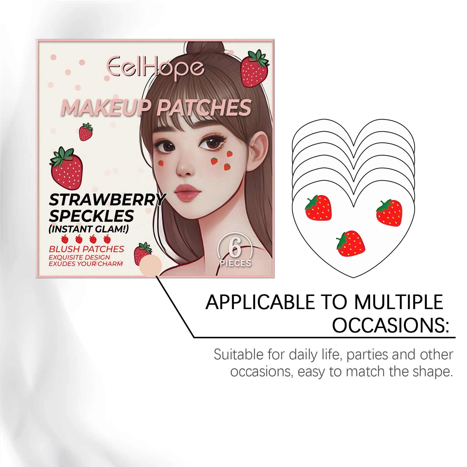 แผ่นแปะแต่งหน้ารูปสตรอว์เบอร์รี Eelhope 6 ชิ้น สำหรับตกแต่งใบหน้า แต่งตา งานปาร์ตี้ ลายสตรอว์เบอร์รี ติดชั่วคราว