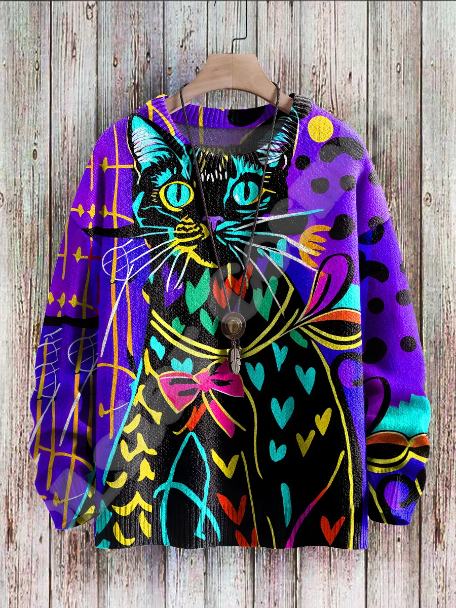 NewFashion Graffiti Stripe Tattoo Cat Animal Retro Ugly Knitted Sweater Streetwear 3DPrint Harajuku Casual Winter Sweatshirts X4