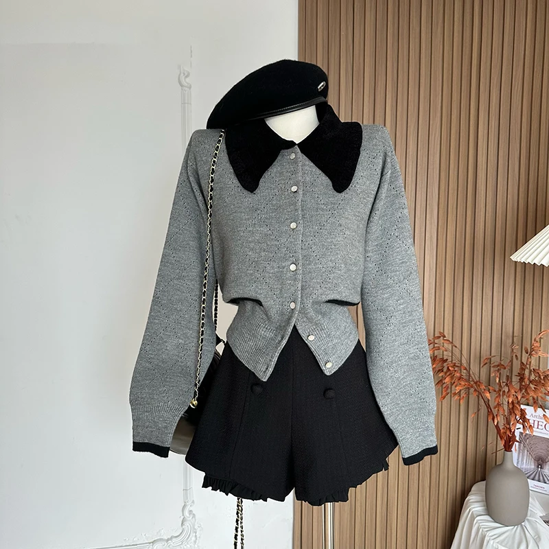 

Autumn Winter Doll Collar Sweater Cardigan Temperament Lovely Knitwear Lady Casual Short Top Fashion Set