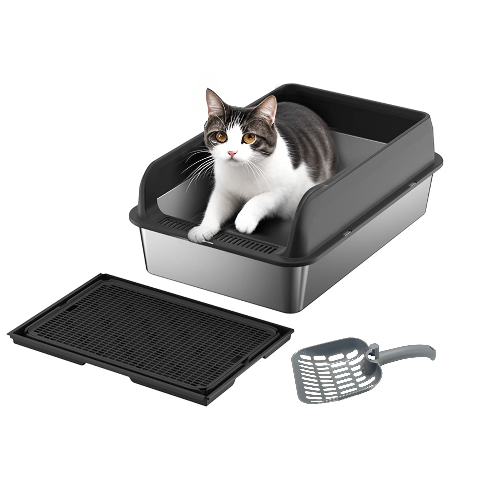 Edelstahl-Katzenstreubox mit Deckel, Streubox mit hohen Seitenwänden für große Katzen, doppellagige Streumatte und Schaufel inklusive, antihaftbeschichteter Boden, auslaufsicher.