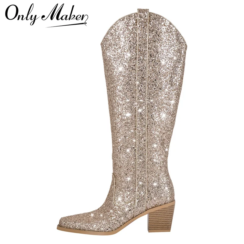 Onlymaker stivali alti al ginocchio Glitter oro donna stivali da Cowboy occidentali Bling stivali da donna fatti a mano con punta a punta lucida