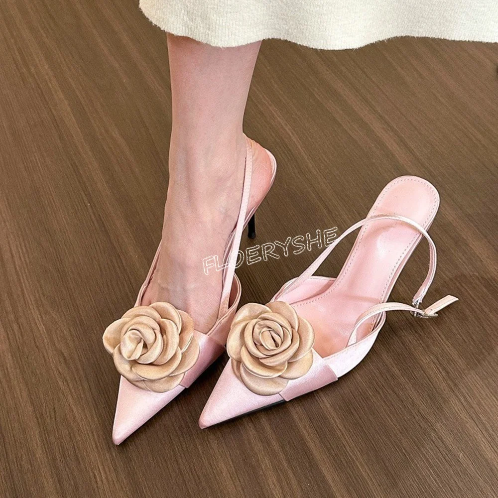 Pink Flower Stiletto Pumps New Arrival Solid Women Summer Pointed Toe Thin High Heel Cross Strap Sexy Simple Party Shoes