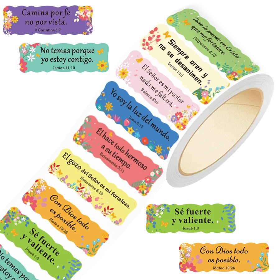 Rollo de 200 Pegatinas con Versículos Bíblicos en Español, Etiquetas Coloridas con Frases Inspiradoras Florales para Empaque y Envoltura de Regalos