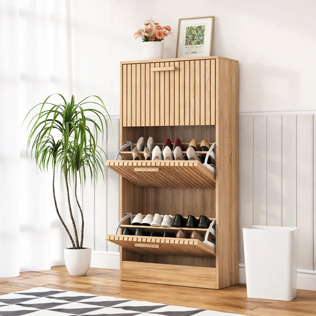 Meuble à chaussures scandinave 60x24x113cm, 3 tiroirs rabattables façade à lamelles, rangement pour 24 paires, bois naturel, meuble d'entrée pratique design moderne