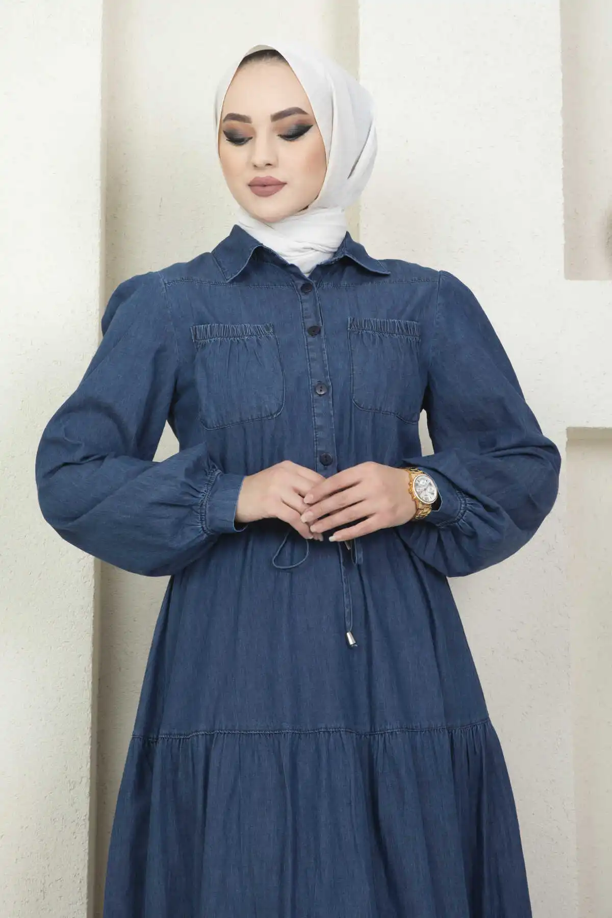 Women Pocket Detailed Denim Hijab Dress All Muslim Hijab Dubai Abaya Turkey Kaftan Islamic Clothing Casual Femme Vestido Caftan